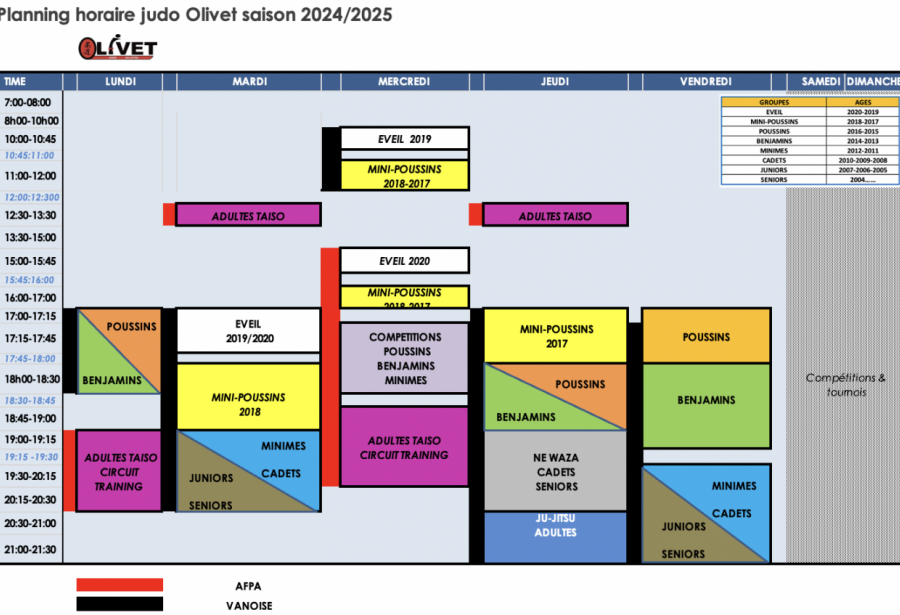 Planning d'entrainements 2024 - 2025